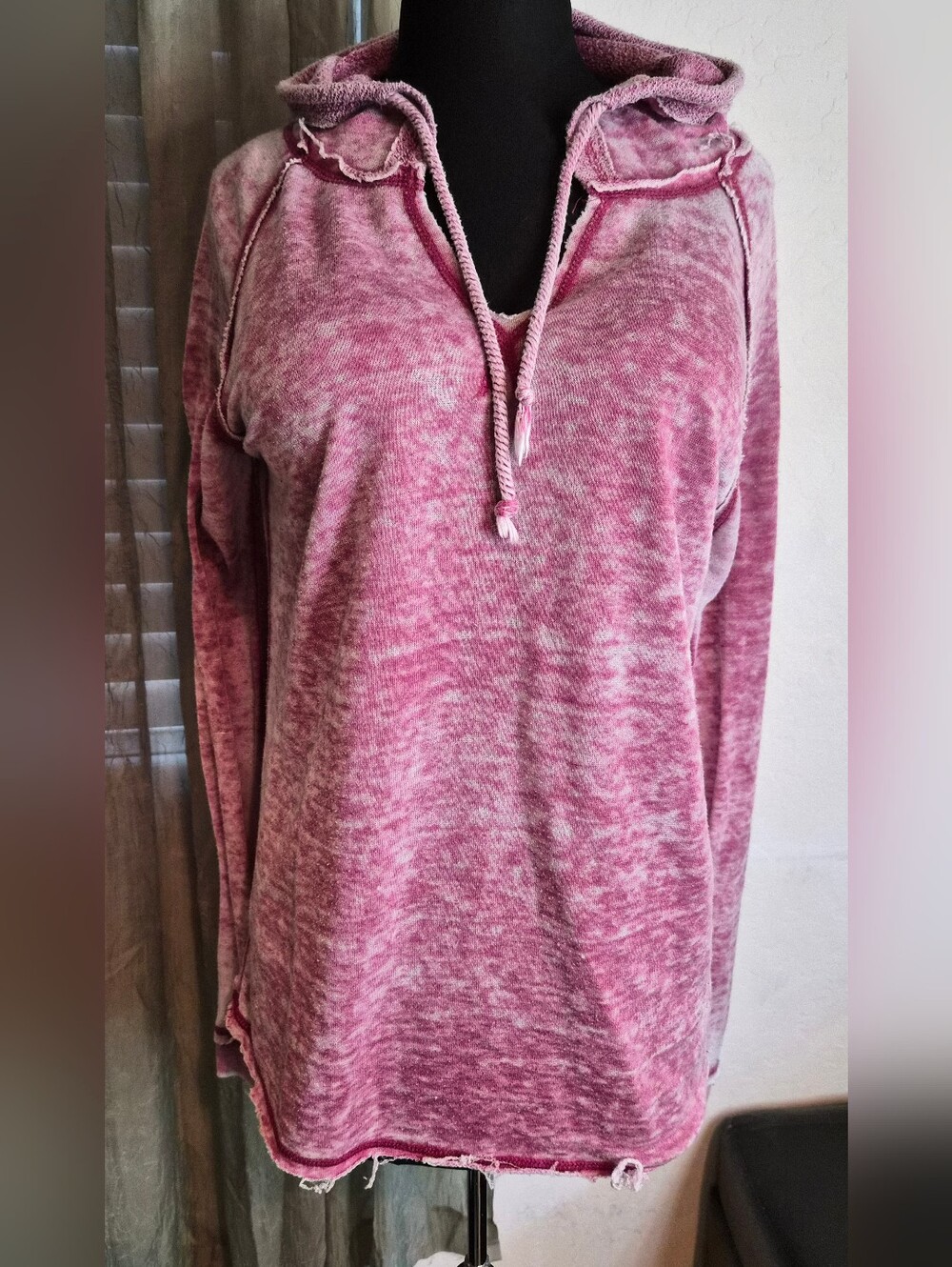 Ocean Drive Pink Distressed Heathered V‑Neck Pullover Hoodie #0294